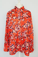 long sleeve red cherry blossom print button up blouse with collar vintage 1970's