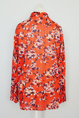 long sleeve red cherry blossom print button up blouse with collar vintage 1970's