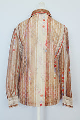 long sleeve brown striped eyelet button up blouse with collar vintage 1970's