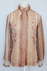 long sleeve brown striped eyelet button up blouse with collar vintage 1970's
