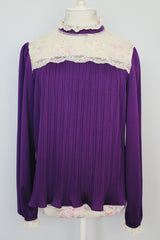 long sleeve purple blouse with pleats and cream lace trim vintage 1970's