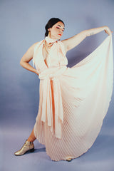 pink blush colored pleated halter dress floor length vintage 1980's