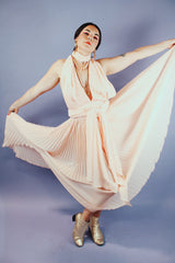 pink blush colored pleated halter dress floor length vintage 1980's
