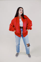 long sleeve red satin bomber jacket vintage 1980's