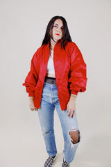 long sleeve red satin bomber jacket vintage 1980's