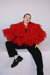 Women's vintage 1960's The Original Town 7 Country Petticoat label knee length bright red ruffled two layered tulle crinoline skirt