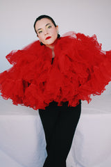 Women's vintage 1960's The Original Town 7 Country Petticoat label knee length bright red ruffled two layered tulle crinoline skirt