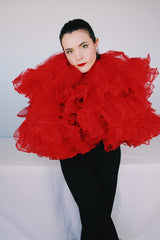 Women's vintage 1960's The Original Town 7 Country Petticoat label knee length bright red ruffled two layered tulle crinoline skirt