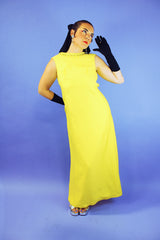 floor length sleeveless yellow evening dress with beaded neckline vintage 1960's
