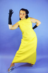 floor length sleeveless yellow evening dress with beaded neckline vintage 1960's