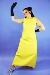 floor length sleeveless yellow evening dress with beaded neckline vintage 1960's