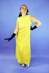 floor length sleeveless yellow evening dress with beaded neckline vintage 1960's