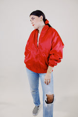 long sleeve red satin bomber jacket vintage 1980's