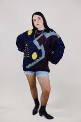 long sleeve navy and black acrylic knit pullover sweater with abstract graphic on front vintage 1980's