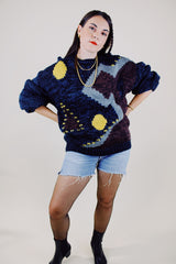 long sleeve navy and black acrylic knit pullover sweater with abstract graphic on front vintage 1980's