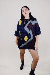long sleeve navy and black acrylic knit pullover sweater with abstract graphic on front vintage 1980's