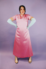 long length short sleeve pink satin evening dress with bow in the back vintage 1960's