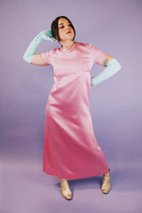 long length short sleeve pink satin evening dress with bow in the back vintage 1960's