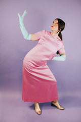 long length short sleeve pink satin evening dress with bow in the back vintage 1960's