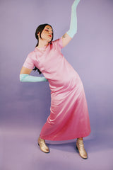 long length short sleeve pink satin evening dress with bow in the back vintage 1960's