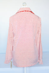 Women's vintage 1970's Lady Arrow label long sleeve white polyester button up blouse with red polka dots. Dagger collar and detachable adjustable tie neck.
