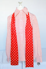 Women's vintage 1970's Lady Arrow label long sleeve white polyester button up blouse with red polka dots. Dagger collar and detachable adjustable tie neck.