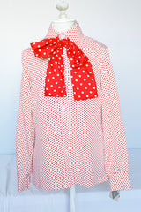 Women's vintage 1970's Lady Arrow label long sleeve white polyester button up blouse with red polka dots. Dagger collar and detachable adjustable tie neck.