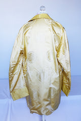 Women's vintage 1960's long sleeve gold yellow satin open front robe jacket with overall embroidered pattern
