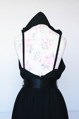 Women's vintage 1980's Morton Myles LTD., Union Made, Made in USA sleeveless rhinestone strap black midi length dress with V shaped neckline and ribbon tie belt.