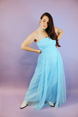 sleeveless spaghetti strap floor length baby blue dress vintage 1970's