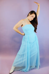 sleeveless spaghetti strap floor length baby blue dress vintage 1970's