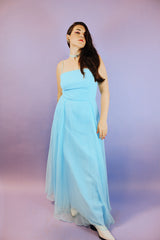 sleeveless spaghetti strap floor length baby blue dress vintage 1970's
