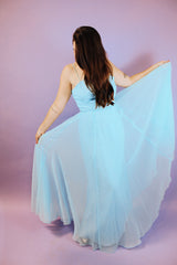 sleeveless spaghetti strap floor length baby blue dress vintage 1970's