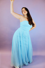 sleeveless spaghetti strap floor length baby blue dress vintage 1970's