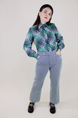 green and white houndstooth printed pants polyester vintage 1970's