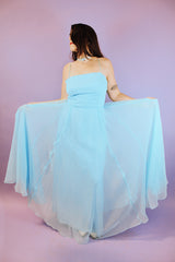 sleeveless spaghetti strap floor length baby blue dress vintage 1970's