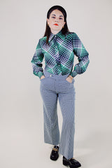 green and white houndstooth printed pants polyester vintage 1970's