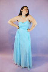 sleeveless spaghetti strap floor length baby blue dress vintage 1970's