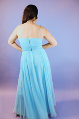 sleeveless spaghetti strap floor length baby blue dress vintage 1970's