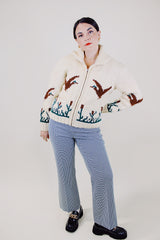 long sleeve cream zip up cowichan cardigan with geese and flower print vintage