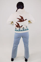 long sleeve cream zip up cowichan cardigan with geese and flower print vintage