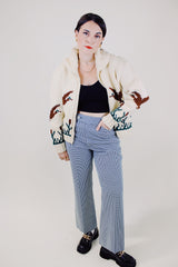 long sleeve cream zip up cowichan cardigan with geese and flower print vintage