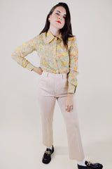 long sleeve abstract print button up blouse vintage 1970's