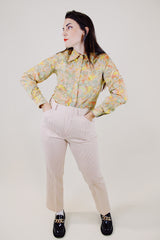 long sleeve abstract print button up blouse vintage 1970's