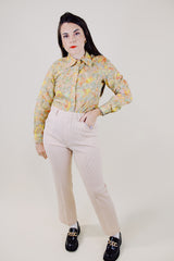 long sleeve abstract print button up blouse vintage 1970's