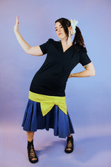 short sleeve drop waist ankle length vintage dress in cotton 1980's black with yellow bow and purple hem