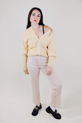 long sleeve light yellow ribbed button up cardigan vintage 1970's