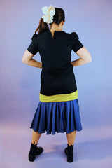 short sleeve drop waist ankle length vintage dress in cotton 1980's black with yellow bow and purple hem