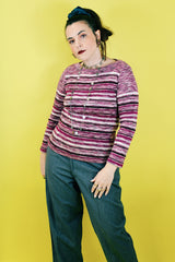 Women's vintage 1970's lightweight acrylic pullover sweater in purple, white, and brown striped heathered print.