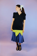 short sleeve drop waist ankle length vintage dress in cotton 1980's black with yellow bow and purple hem